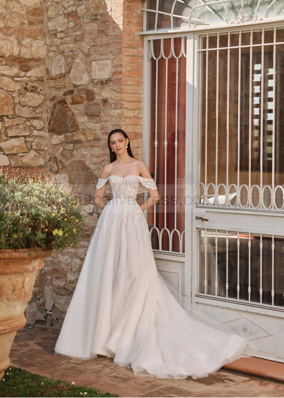 Beaded Ivory Lace Tulle Corset Back Sparkly Wedding Dress